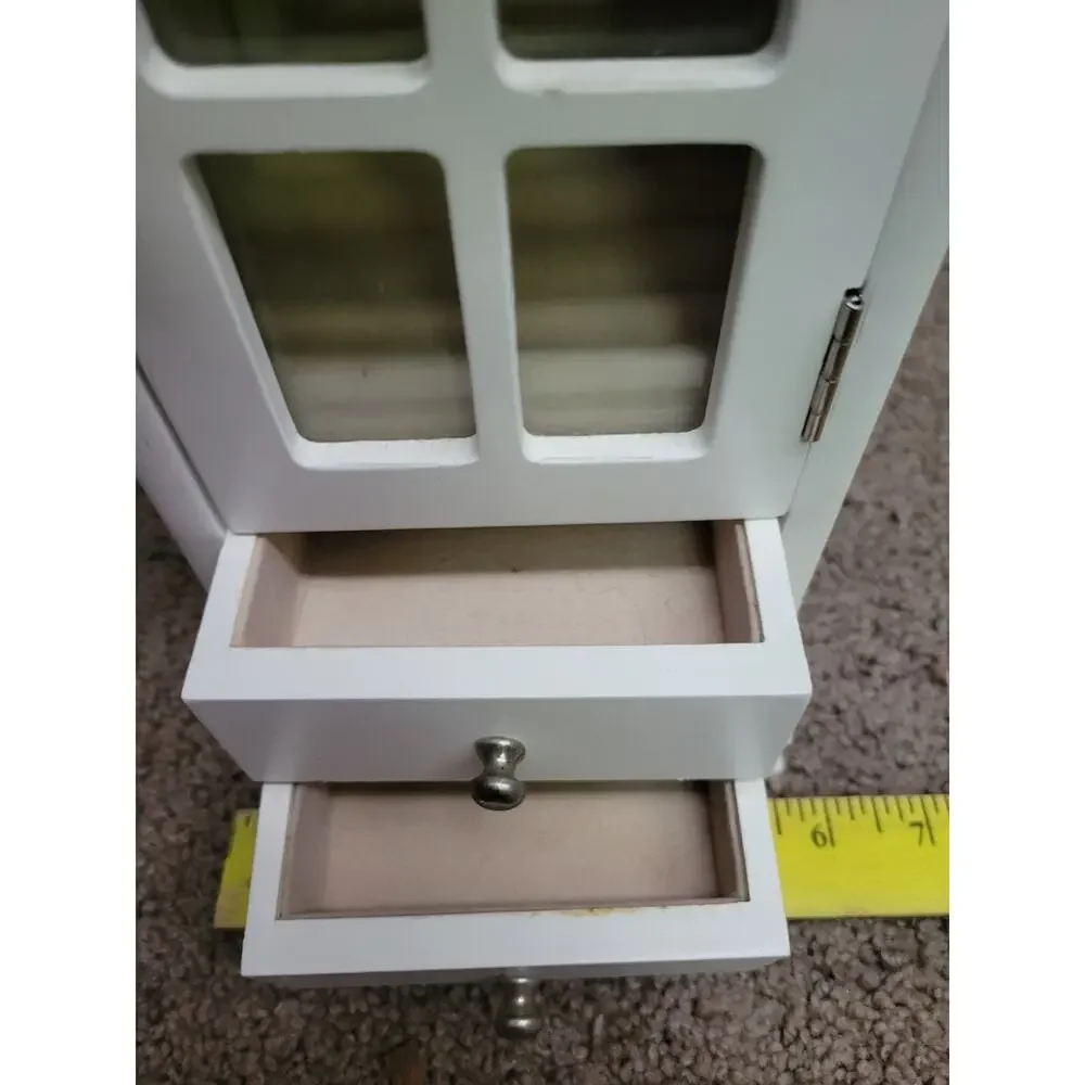 White Vintage-Style Jewelry Armoire with Glass Fold Out Door Drawers
